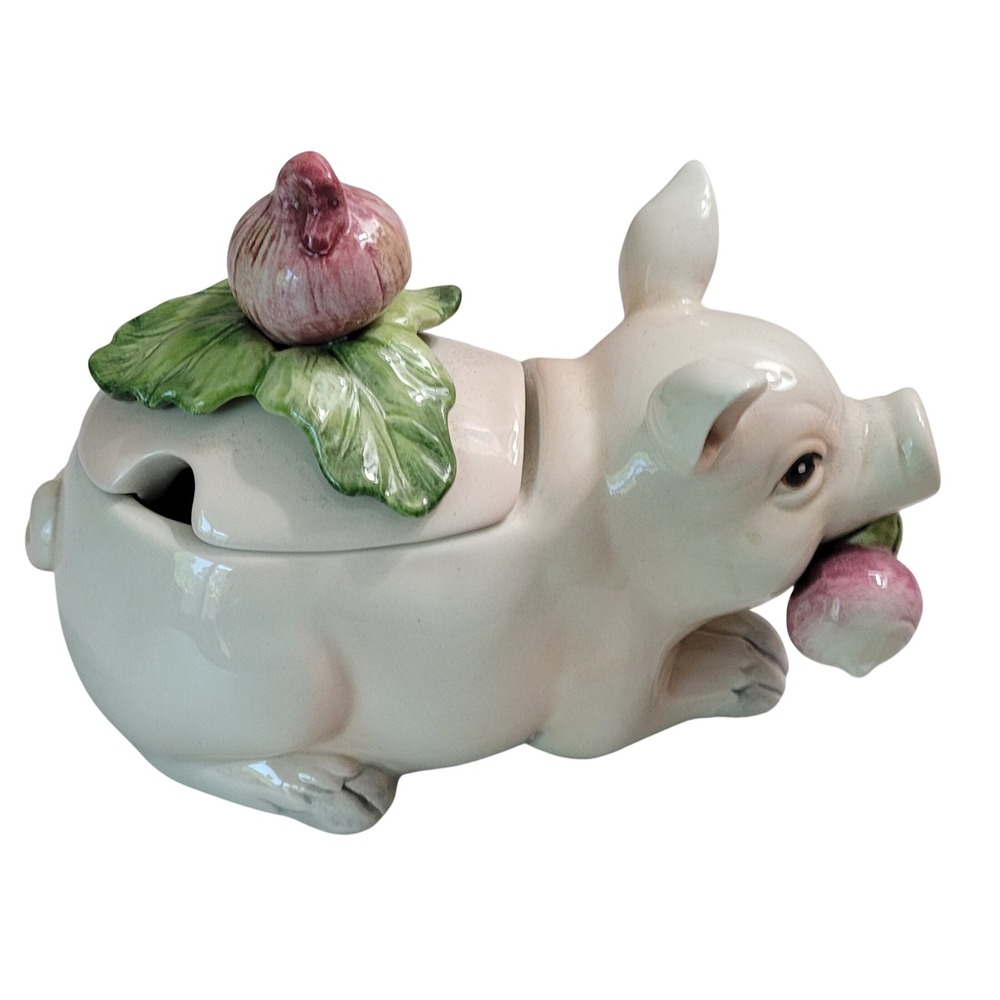 Fitz and Floyd French Market Percy Pig Jam Jar Cream Ceramic Honey Pot Lid